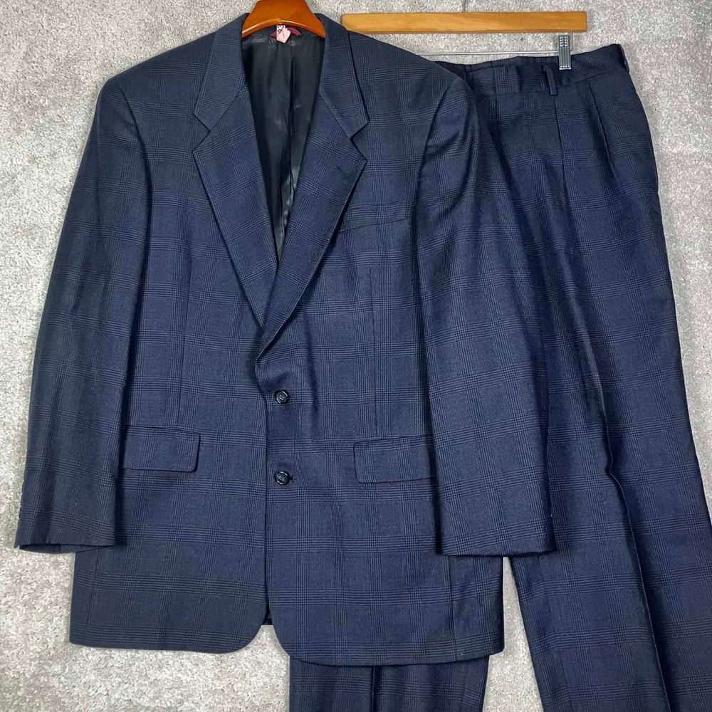 Hart Schaffner Marx Suit Men 42L 34x29 Blue Glen Plaid Pure Virgin Wool 2-Piece
